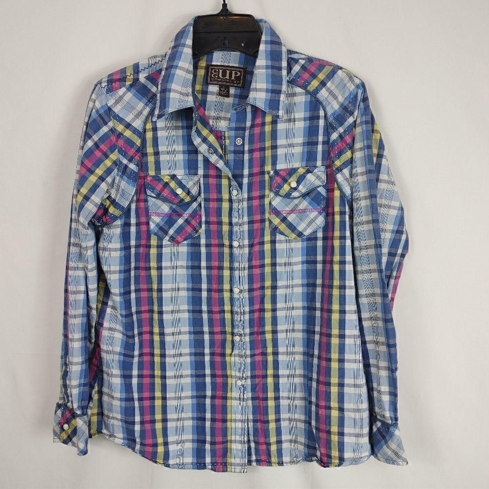 Cowgirl Up Snap Front Western Wear Rodeo Pearl Snap Women's Size Large.Armpit t